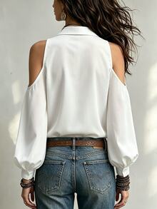 SHEIN Solid Cold Shoulder Button Front Shirt - White - View 2