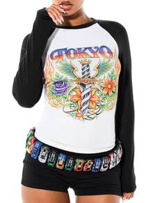 SUMWON Tokyo Graphic Print Raglan Long Sleeve Crop Top With Black Contrast Sleeves Tattoo Art Floral Design Party Spring Fall - Black - View 4