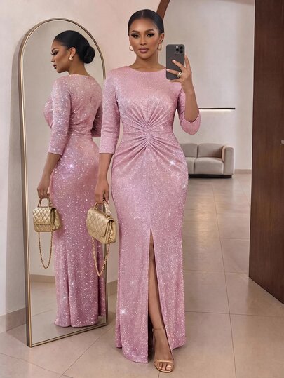 SHEIN Lady CURVE Plus Size Women's Shiny Pleated Slit Design Elegant Sexy Party Wedding Guest Formal Dress Light Pink Summer