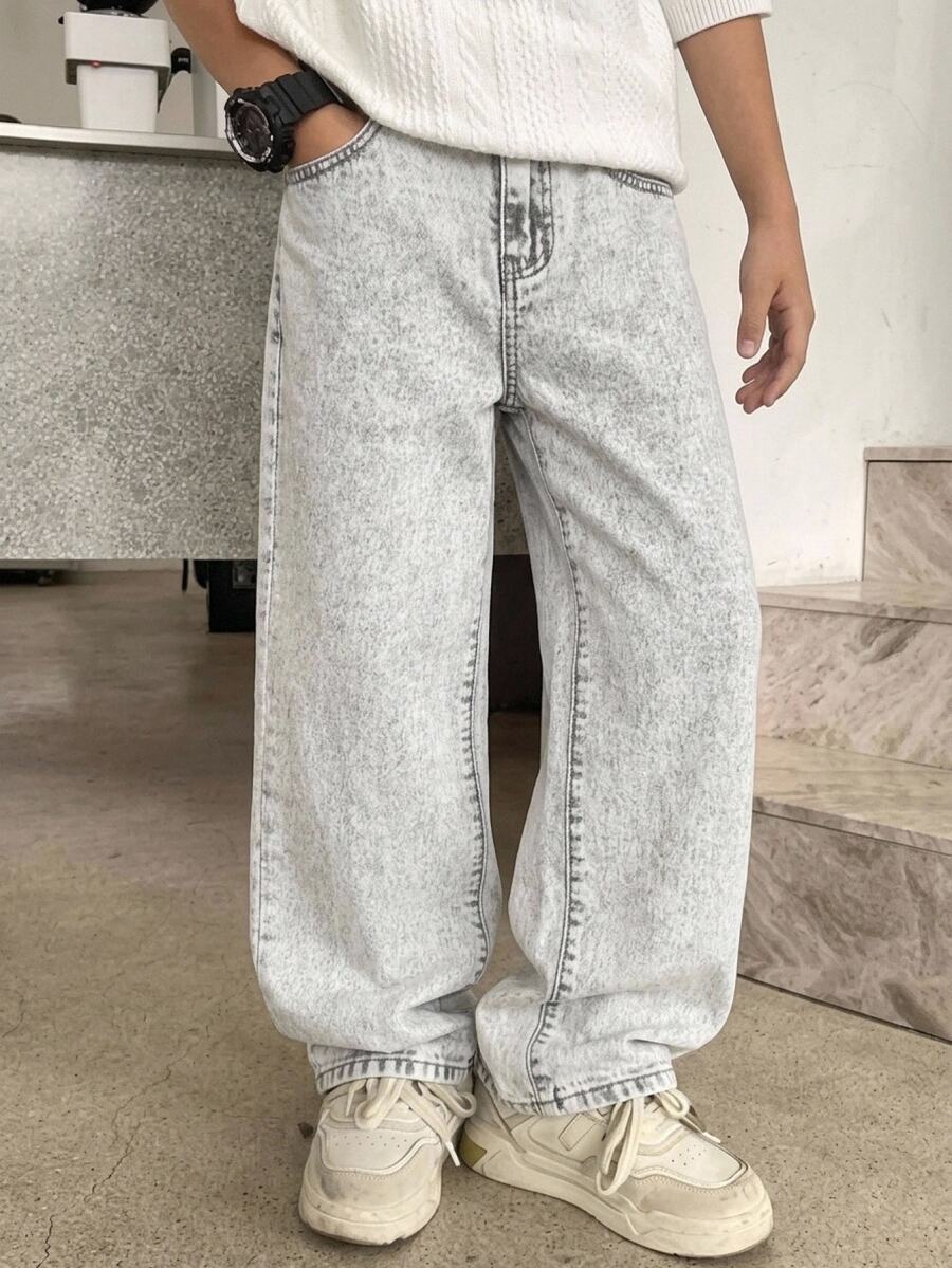 SHEIN Little Byeori 兒童青少年男孩斜口袋直筒牛仔褲 - 卡其色 - 查看 1