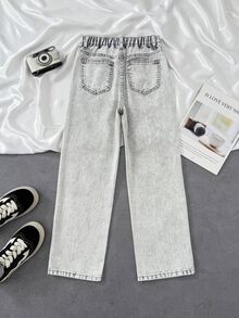 SHEIN Little Byeori 兒童青少年男孩斜口袋直筒牛仔褲 - 卡其色 - 查看 2
