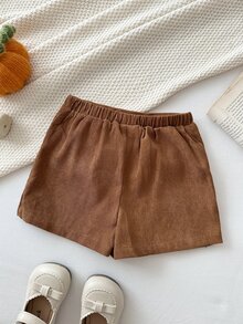 SHEIN Baby Girl Woven Cute Bow Corduroy Bottoms, Suitable For Autumn/Winter, Suitable For Back To School - Khaki - View 4
