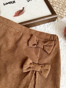 SHEIN Baby Girl Woven Cute Bow Corduroy Bottoms, Suitable For Autumn/Winter, Suitable For Back To School - Khaki - View 2