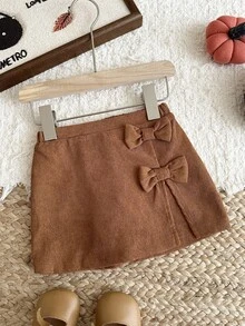 SHEIN Baby Girl Woven Cute Bow Corduroy Bottoms, Suitable For Autumn/Winter, Suitable For Back To School - Khaki - View 1