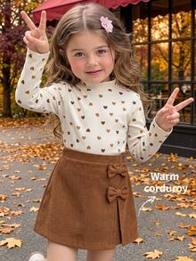 SHEIN Baby Girl Woven Cute Bow Corduroy Bottoms, Suitable For Autumn/Winter, Suitable For Back To School - Khaki - View 6