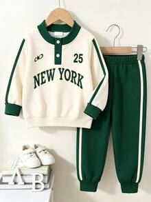 SHEIN Genkimix Kids 男童美式復古套裝 前面復古 NEW YORK 字母數字印花圖案 對比色門襟 藍色鈕扣 袖側飾帶 生日 秋季 - 綠色 - 查看 5