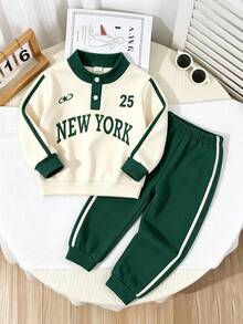 SHEIN Genkimix Kids 男童美式復古套裝 前面復古 NEW YORK 字母數字印花圖案 對比色門襟 藍色鈕扣 袖側飾帶 生日 秋季 - 綠色 - 查看 6