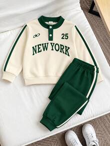 SHEIN Genkimix Kids 男童美式復古套裝 前面復古 NEW YORK 字母數字印花圖案 對比色門襟 藍色鈕扣 袖側飾帶 生日 秋季 - 綠色 - 查看 8