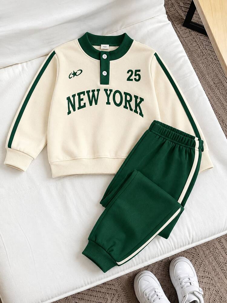 SHEIN Genkimix Kids Boys' American Vintage Set Front Retro NEW YORK Letter Number Print Pattern Contrast Color Placket With Blue Buttons Sleeve Side Tape Birthday Autumn - Green - View 7