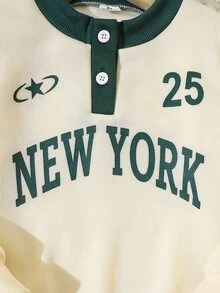 SHEIN Genkimix Kids 男童美式復古套裝 前面復古 NEW YORK 字母數字印花圖案 對比色門襟 藍色鈕扣 袖側飾帶 生日 秋季 - 綠色 - 查看 13