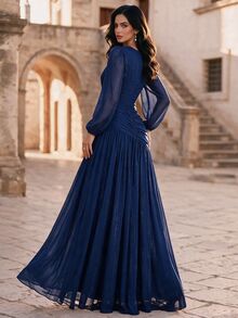 Coutiva Women's Solid Color Pleated Elegant Waist-Cinched Evening Dress - Royal Blue - View 4