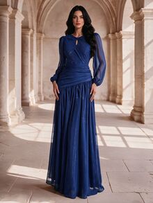 Coutiva Women's Solid Color Pleated Elegant Waist-Cinched Evening Dress - Royal Blue - View 2
