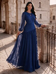 Coutiva Women's Solid Color Pleated Elegant Waist-Cinched Evening Dress - Royal Blue - View 5