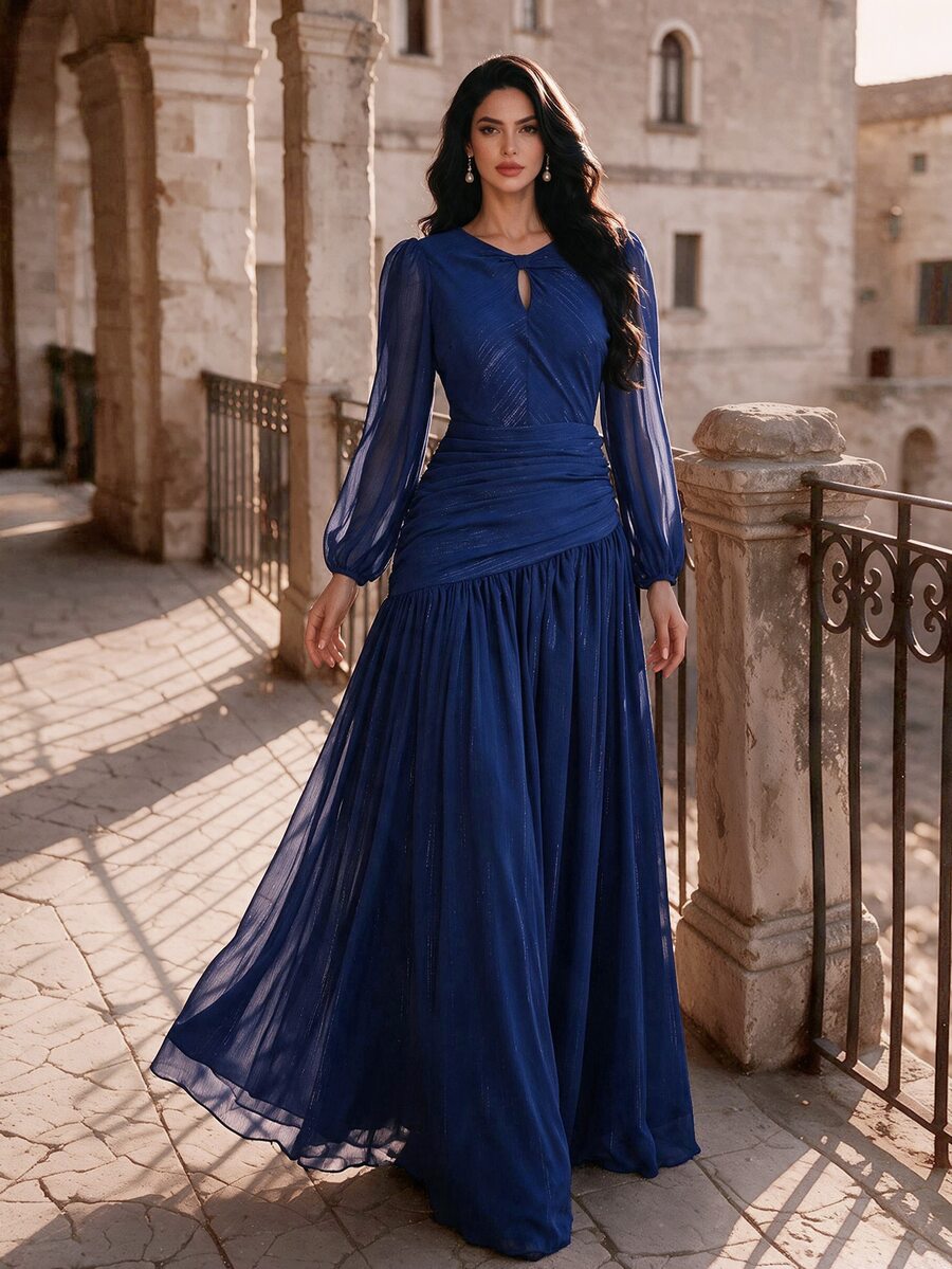 Coutiva Women's Solid Color Pleated Elegant Waist-Cinched Evening Dress - Royal Blue - View 1