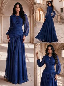 Coutiva Women's Solid Color Pleated Elegant Waist-Cinched Evening Dress - Royal Blue - View 3
