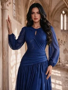 Coutiva Women's Solid Color Pleated Elegant Waist-Cinched Evening Dress - Royal Blue - View 6