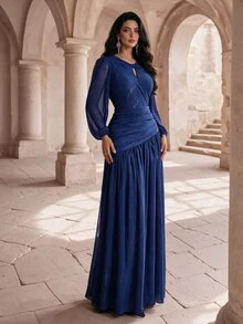 Coutiva Women's Solid Color Pleated Elegant Waist-Cinched Evening Dress - Royal Blue - View 7