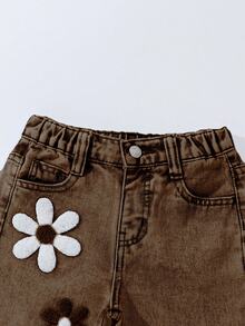 Girls/Kids Fashion Snowflake Washed Distressed Design Embroidered Flare Pants - Brown - View 7