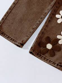 Girls/Kids Fashion Snowflake Washed Distressed Design Embroidered Flare Pants - Brown - View 4