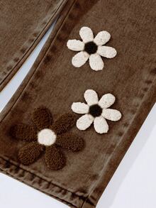 Girls/Kids Fashion Snowflake Washed Distressed Design Embroidered Flare Pants - Brown - View 5