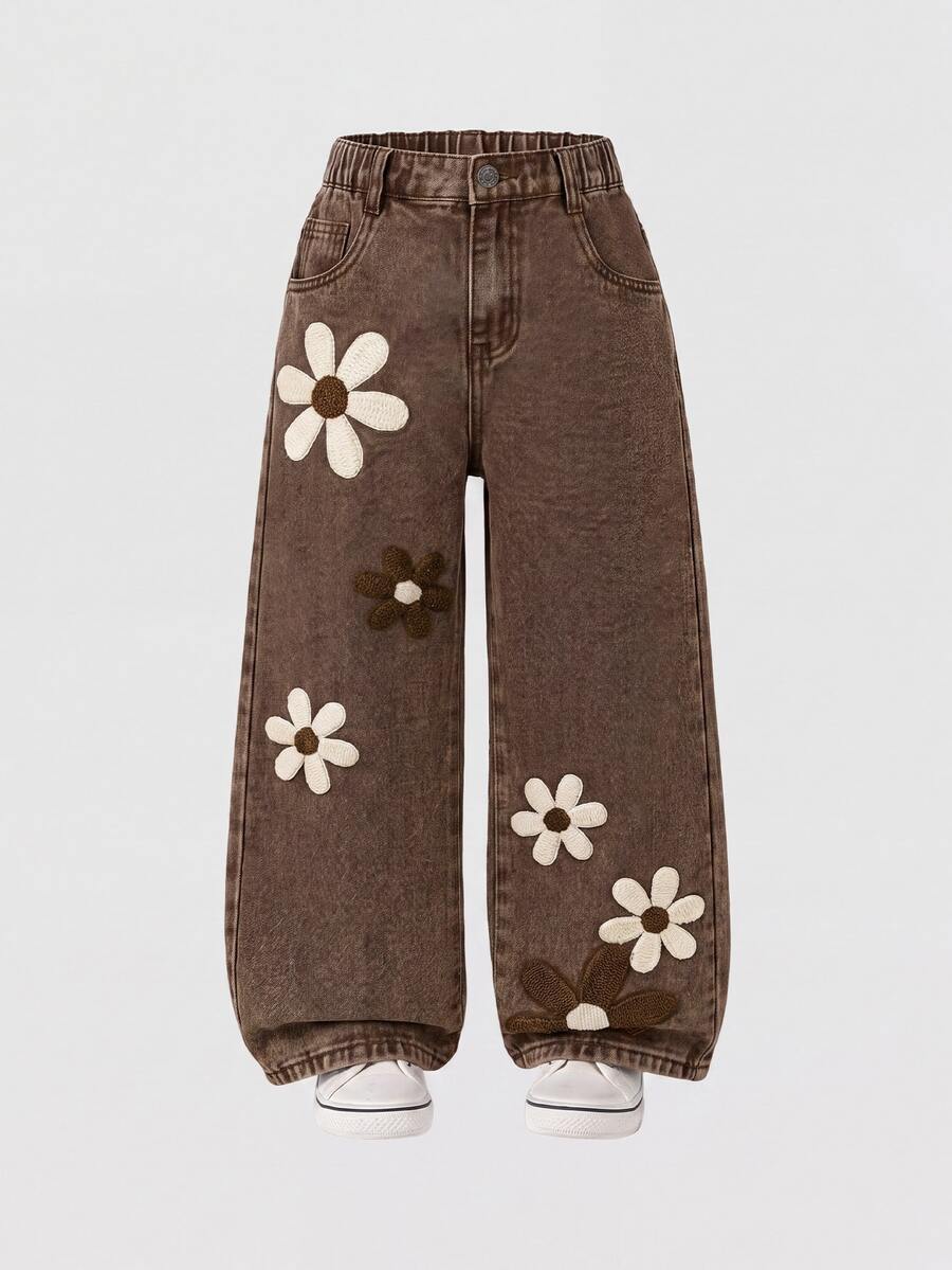 Girls/Kids Fashion Snowflake Washed Distressed Design Embroidered Flare Pants - Brown - View 1
