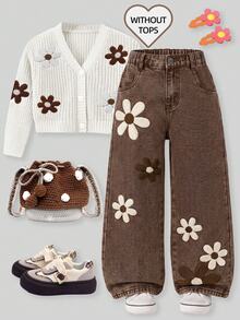 Girls/Kids Fashion Snowflake Washed Distressed Design Embroidered Flare Pants - Brown - View 1