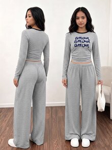SHEIN 青少年女孩條紋兩件套休閒裝，長袖圖案短版上衣與寬腿長褲，秋季時尚日常街頭穿搭服飾 - 黑與白 - 查看 3