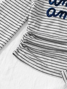 SHEIN 青少年女孩條紋兩件套休閒裝，長袖圖案短版上衣與寬腿長褲，秋季時尚日常街頭穿搭服飾 - 黑與白 - 查看 7