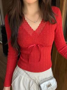 DAZY Contrast Lace Fitted Long Sleeve V-Neck Elegant Sexy Vacation Korean Style Spring Autumn Pullover Top Women T-Shirt - Red - View 5