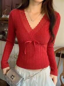 DAZY Contrast Lace Fitted Long Sleeve V-Neck Elegant Sexy Vacation Korean Style Spring Autumn Pullover Top Women T-Shirt - Red - View 4