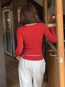 DAZY Contrast Lace Fitted Long Sleeve V-Neck Elegant Sexy Vacation Korean Style Spring Autumn Pullover Top Women T-Shirt - Red - View 2
