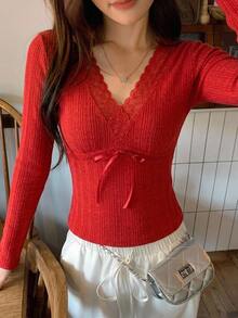 DAZY Contrast Lace Fitted Long Sleeve V-Neck Elegant Sexy Vacation Korean Style Spring Autumn Pullover Top Women T-Shirt - Red - View 3
