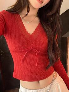 DAZY Contrast Lace Fitted Long Sleeve V-Neck Elegant Sexy Vacation Korean Style Spring Autumn Pullover Top Women T-Shirt - Red - View 6