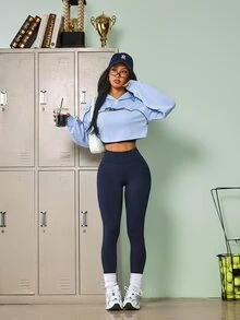 Sovereign Charm Women's Letter Print Long Sleeve Hoodie, Camisole Top And Leggings Sports Set - Blue - View 5