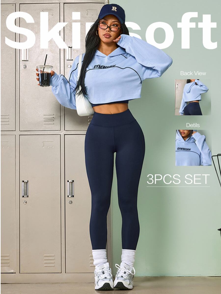 Sovereign Charm Women's Letter Print Long Sleeve Hoodie, Camisole Top And Leggings Sports Set - Blue - View 1