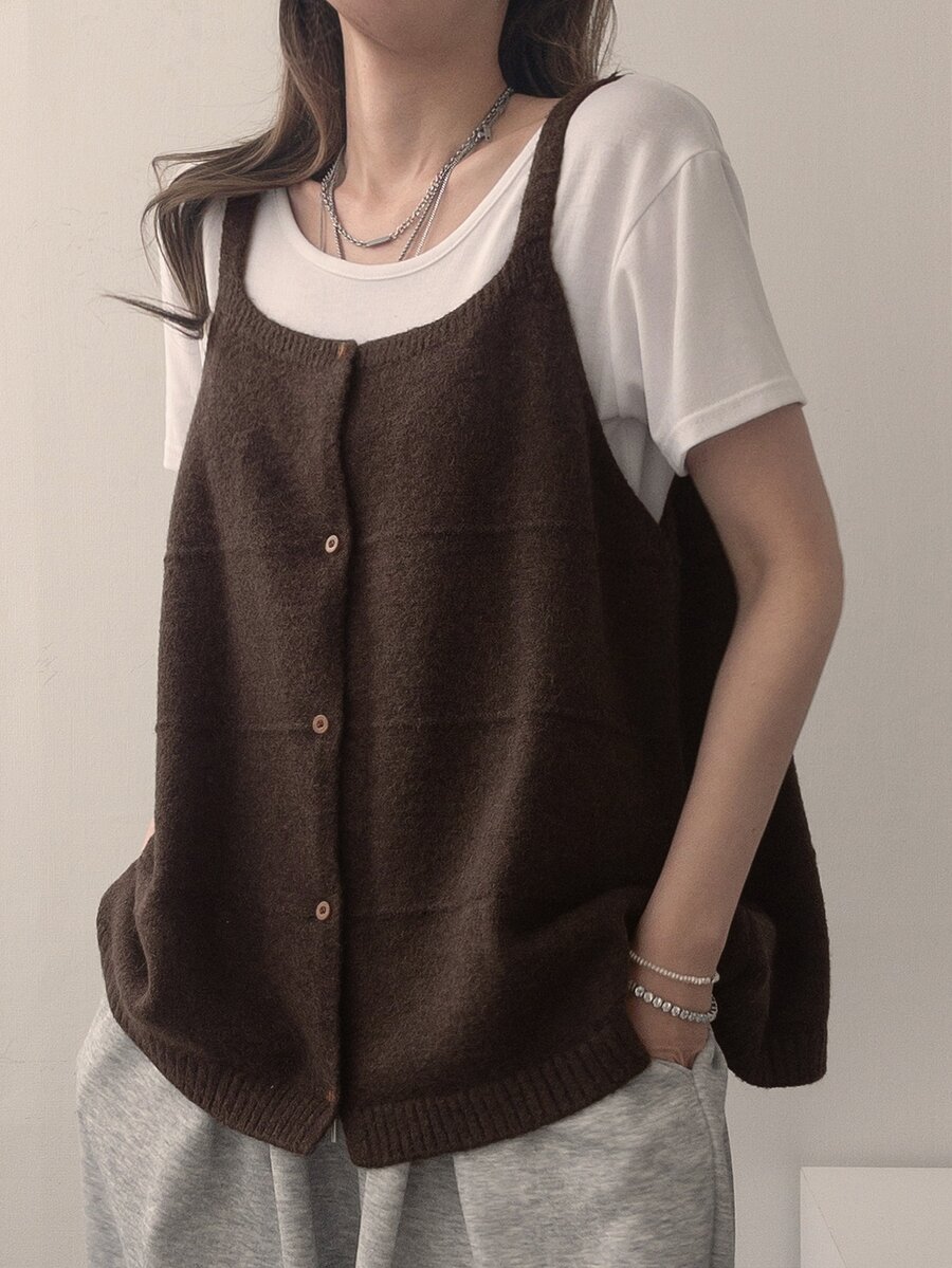 DAZY Women's Front Button Camisole Knit Top - Brown - View 1