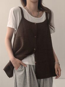 DAZY Women's Front Button Camisole Knit Top - Brown - View 7