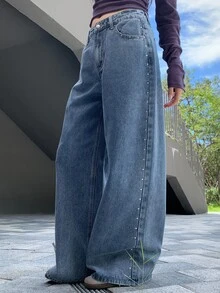 DAZY Jeans Wanita Longgar Kaki Lurus dengan Efek Distressed, Cuci dan Bleach, Dekorasi Paku Keling, Kasual untuk Liburan Musim Semi dan Gugur - Biru - View 2