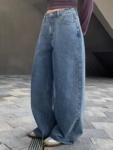 DAZY Jeans Wanita Longgar Kaki Lurus dengan Efek Distressed, Cuci dan Bleach, Dekorasi Paku Keling, Kasual untuk Liburan Musim Semi dan Gugur - Biru - View 4