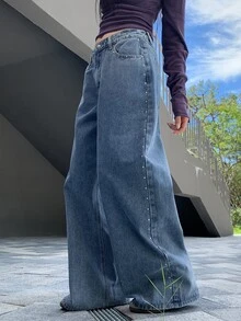 DAZY Jeans Wanita Longgar Kaki Lurus dengan Efek Distressed, Cuci dan Bleach, Dekorasi Paku Keling, Kasual untuk Liburan Musim Semi dan Gugur - Biru - View 7