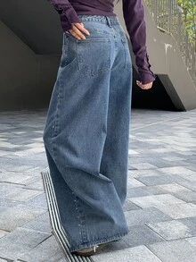 DAZY Jeans Wanita Longgar Kaki Lurus dengan Efek Distressed, Cuci dan Bleach, Dekorasi Paku Keling, Kasual untuk Liburan Musim Semi dan Gugur - Biru - View 8
