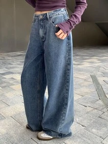 DAZY Jeans Wanita Longgar Kaki Lurus dengan Efek Distressed, Cuci dan Bleach, Dekorasi Paku Keling, Kasual untuk Liburan Musim Semi dan Gugur - Biru - View 6