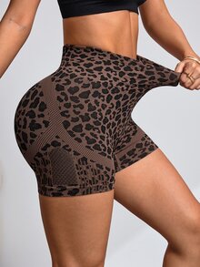 Slayform Women's Leopard Print Casual Versatile Daily Travel Sports Shorts - Brown - View 5