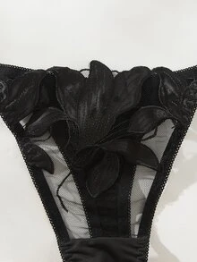 SHEIN 花卉刺繡貼身文胸和內褲內衣套裝 - 黑色 - 查看 4