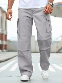 Manfinity CasualCool Men's Casual Minimalist Commute Solid Color Cargo Pants - Light Grey - View 1