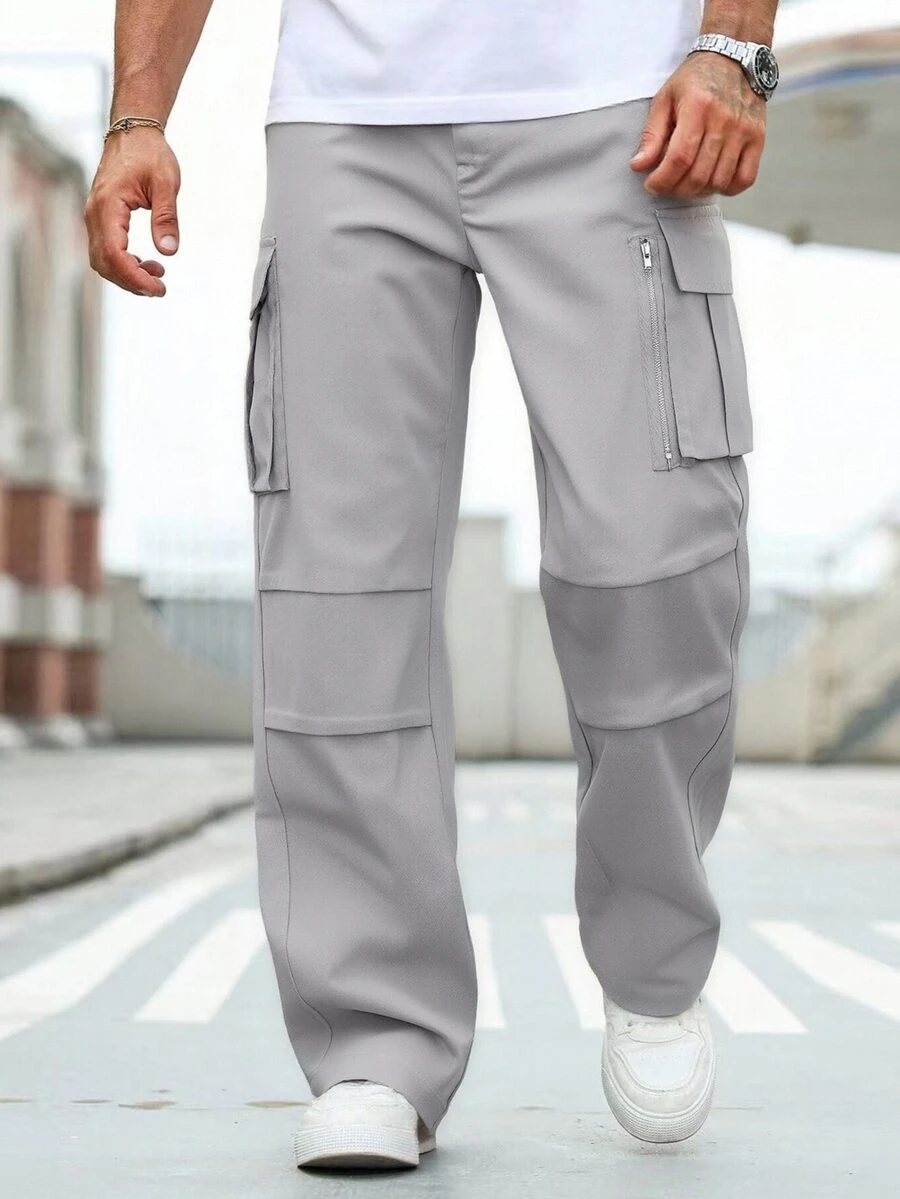 Manfinity CasualCool Men's Casual Minimalist Commute Solid Color Cargo Pants - Light Grey - View 1