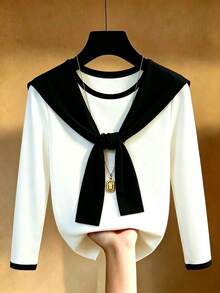SHEIN Franclia Kaos dengan Trim Kontras dan Tali di Depan - Hitam dan Putih - View 3