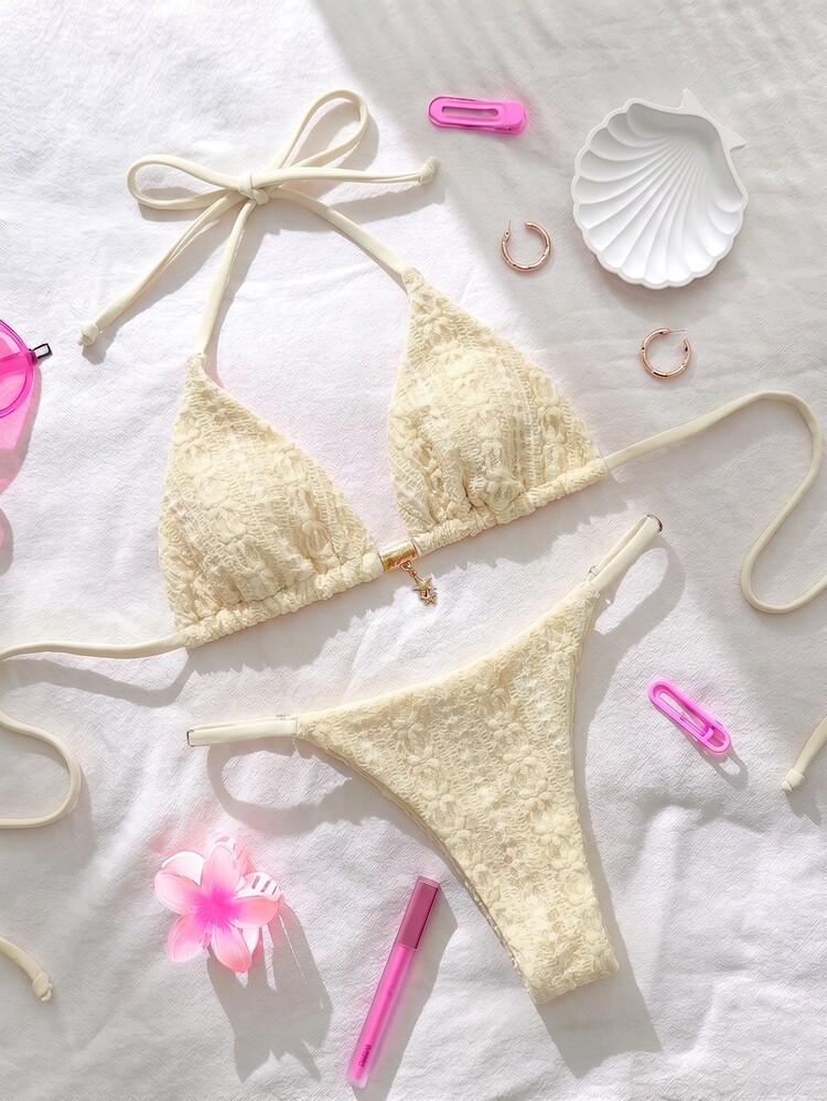 SHEIN Swim Women's 2-Piece Elegant Lace Bikini Set With Star Pendant Outfits Sexy Tropical Beach Party Vacation Beige - Multicolor - View 3