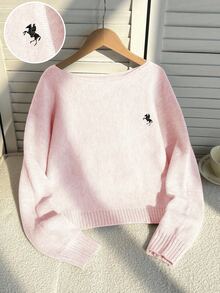 SHEIN 1件女款時尚露肩寬鬆慵懶風黑色馬刺繡圖案灰色蝙蝠袖短版套頭毛衣，常規厚度，整齊下擺，緊口袖口 - 淺粉色 - 查看 8