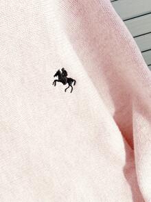 SHEIN 1件女款時尚露肩寬鬆慵懶風黑色馬刺繡圖案灰色蝙蝠袖短版套頭毛衣，常規厚度，整齊下擺，緊口袖口 - 淺粉色 - 查看 4